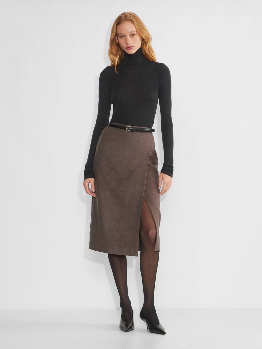 Babaton Brown Wrap Midi Skirt with Side Slit